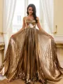 Stunning A-Line Straight Pleated Floor-Length Metallic Satin Corset Prom Dress