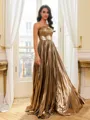 Stunning A-Line Straight Pleated Floor-Length Metallic Satin Corset Prom Dress