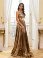 Stunning A-Line Straight Pleated Floor-Length Metallic Satin Corset Prom Dress